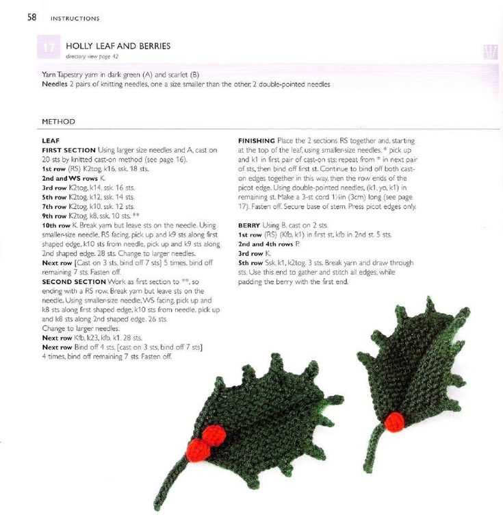 Knitting pattern for holly leaves and berries