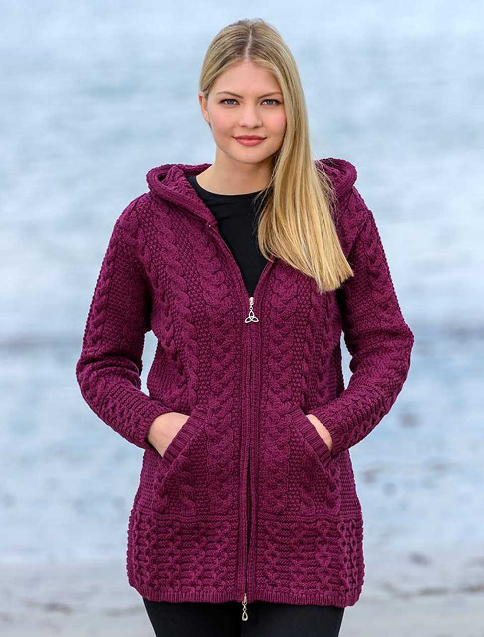 Aran hooded cardigan knitting pattern