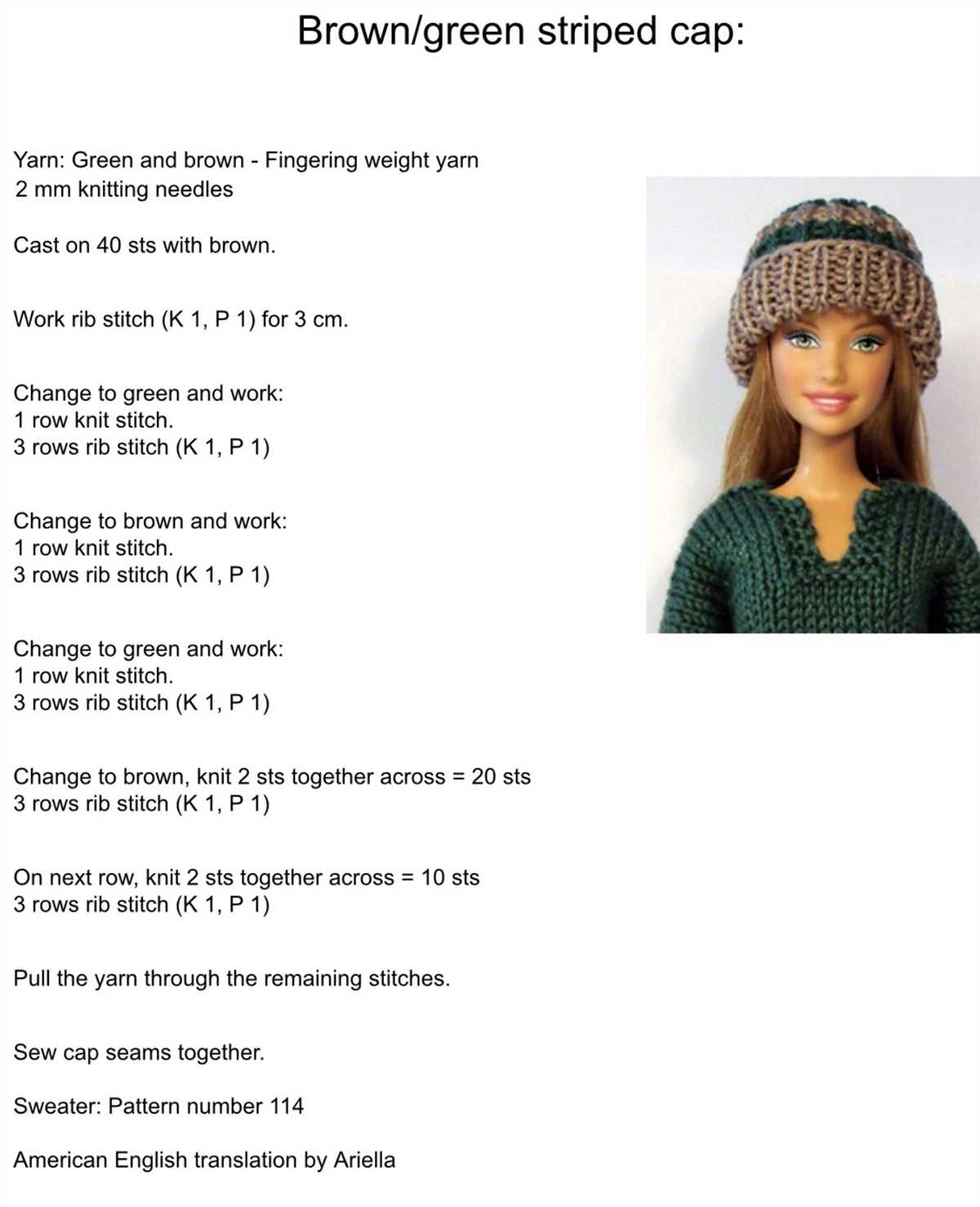 Knitted barbie hat pattern